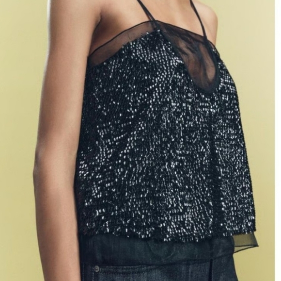 Black Zara Sequin Shiny Embellished Textured Layering Camisole Tank Top (NWT) M - Picture 3 of 10